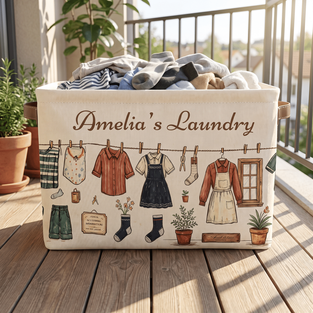 Personalized Hand-Drawn Clothesline Print Large Capacity Laundry Basket with Text and Handle Bedroom Decor Birthday Christmas Gift for Family Mom 6
