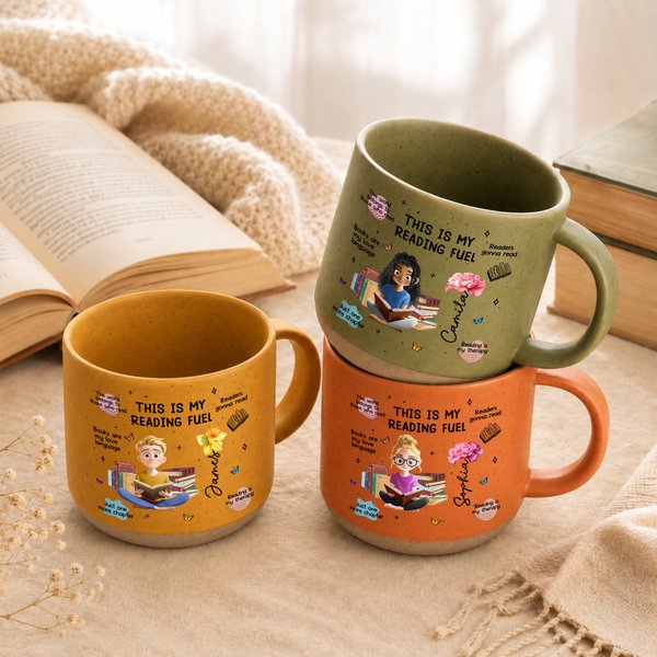 Personalized Cartoon Reading Character Birth Flower 12 oz Pottery Cup with Name Daily Use Birthday Book Club Gift for Book Lovers Bookworms