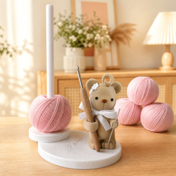 Personalized Portable 3D Printed Bear Knitting Needle Organizer with Text Daily Use Birthday Gift for Knitters DIY Craft Lovers
