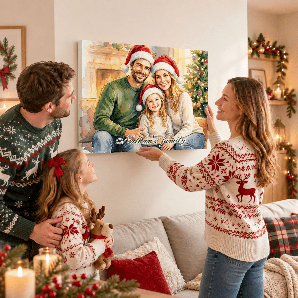 Personalised Christmas Theme Watercolor Style Family Photo Canvas Prints with Text Home Decor Christmas Birthday Gift for Family 6