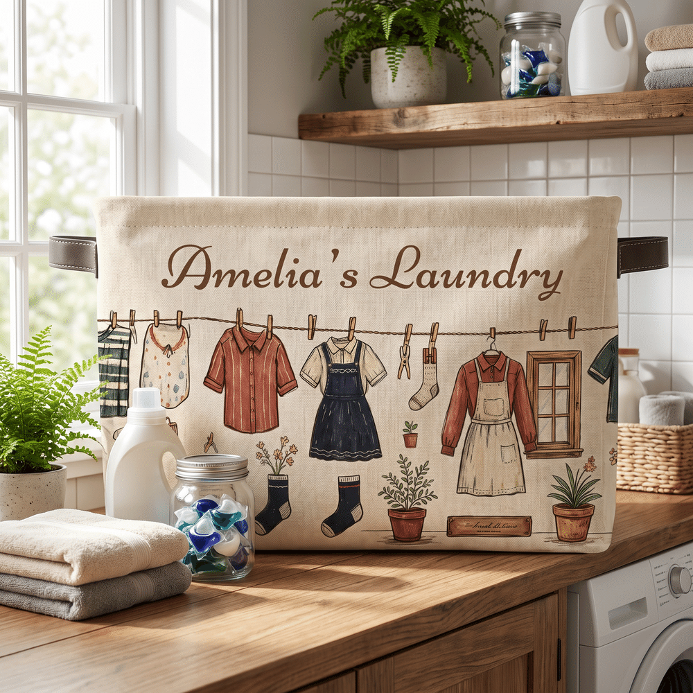 Personalized Hand-Drawn Clothesline Print Large Capacity Laundry Basket with Text and Handle Bedroom Decor Birthday Christmas Gift for Family Mom 2