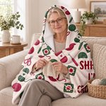 Personalized Cartoon Character Knitting Theme Hooded Blanket with Name Birthday Gift for Woman Mom Friend
