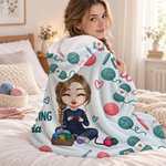 Personalized Cartoon Character Knitting Theme Hooded Blanket with Name Birthday Gift for Woman Mom Friend