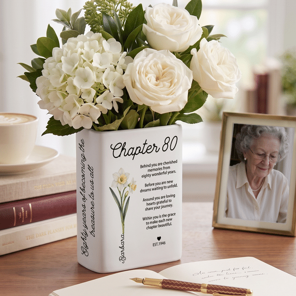 Personalised Birth Flower Ceramic Book Vase with Name Year and Text Home Decor Anniversary Gift for Bookworms Flower Lovers