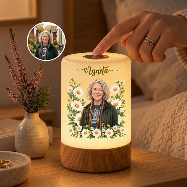 Personlig nattlampa med porträtt och månadsblomma vacker minnesgåva till alla helgons dag och mysig belysning