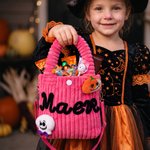 Gepersonaliseerde, griezelige handtas van corduroy met vleermuis, pompoen en spookmotief, ‘Trick-or-Treat’-opdruk en naam – Halloween-cadeau voor kinderen