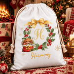 Personalized Christmas Highland Cow Holly Garland Large Capacity Canvas Drawstring Gift Bag with Name Christmas Gift for Highland Cow Lovers Family