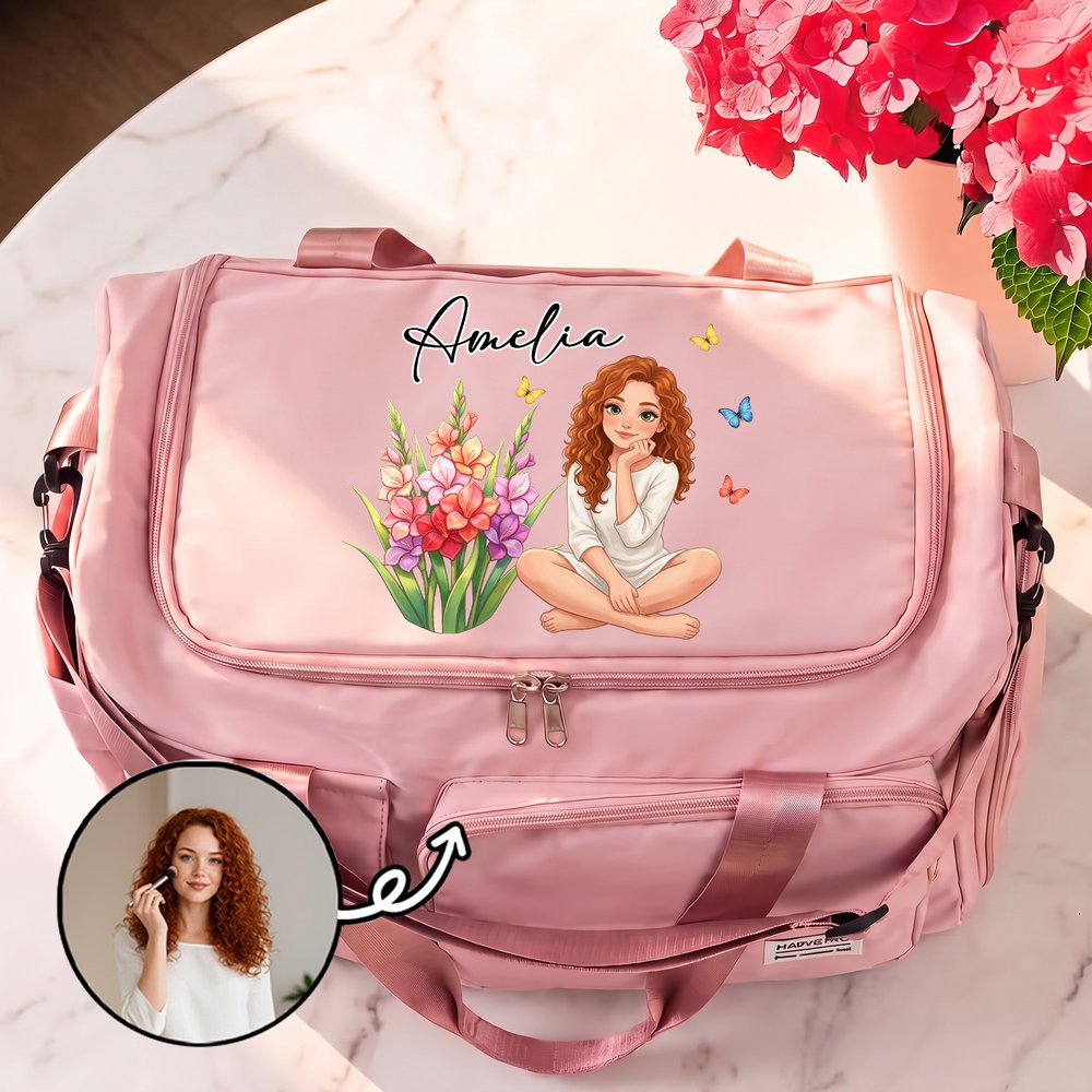 Borsa da viaggio personalizzata con fiore del mese di nascita, farfalla, foto e personaggio dei cartoni animati, grande e con scomparti multipli, con nome e tracolla – Regalo di compleanno per donne 6