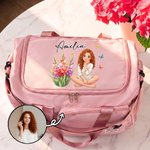 Borsa da viaggio personalizzata con fiore del mese di nascita, farfalla, foto e personaggio dei cartoni animati, grande e con scomparti multipli, con nome e tracolla – Regalo di compleanno per donne 6