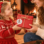 Gepersonaliseerde schattige kerstmuts met 3D-effect, cartoonfiguurtje in zittende houding, fotostickers met naam, cadeauverpakkingsetiket, kerstcadeau voor kinderen 4