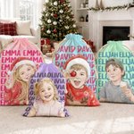 Personalised Watercolor Style Photo Canvas Drawstring Gift Bag with Name Christmas Eve Party Gift for Kids