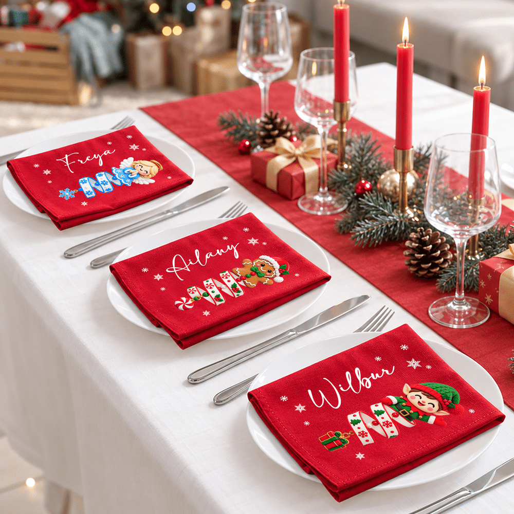 Personalized Cartoon Christmas Character 100% Cotton Red Napkin with Name Table Decor Christmas Party Gift for Kids Family 5