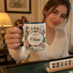 Tasse en céramique personnalisée « Mahjong Floral Multicolor » de 11 oz ou 15 oz, avec sous-verre et prénom – Cadeau d'anniversaire pour les amateurs et joueurs de mah-jong, idéal pour une soirée mah-jong 3