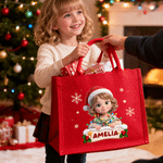 Personalised 3D-Effect Artwork Christmas Lights Wrapped Large Linen Tote Bag with Name and Photo Christmas Party Gift for Kids Family Friends