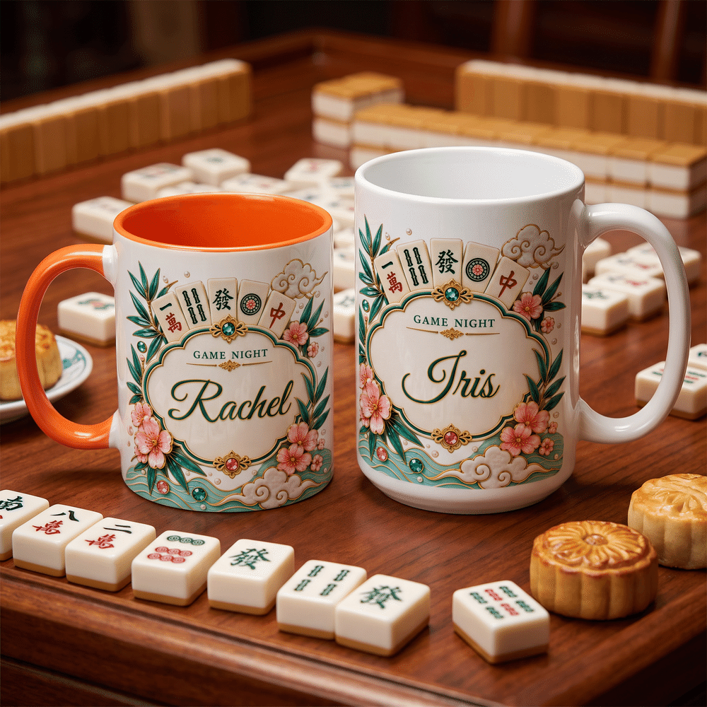 Tasse en céramique personnalisée « Mahjong Floral Multicolor » de 11 oz ou 15 oz, avec sous-verre et prénom – Cadeau d'anniversaire pour les amateurs et joueurs de mah-jong, idéal pour une soirée mah-jong 4