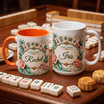 Tasse en céramique personnalisée « Mahjong Floral Multicolor » de 11 oz ou 15 oz, avec sous-verre et prénom – Cadeau d'anniversaire pour les amateurs et joueurs de mah-jong, idéal pour une soirée mah-jong 4