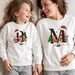 Personalized Plaid Christmas Initial Snowflake Kids Adult T-shirt Sweatshirt with Name Christmas Gift for Family Kids