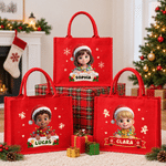 Personalised 3D-Effect Artwork Christmas Lights Wrapped Large Linen Tote Bag with Name and Photo Christmas Party Gift for Kids Family Friends