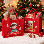 Personalised 3D-Effect Artwork Christmas Lights Wrapped Large Linen Tote Bag with Name and Photo Christmas Party Gift for Kids Family Friends