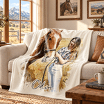Personalized Watercolor Horse Portrait Photo Soft Throw Blanket with Text Birthday Christmas Gift for Horse Lovers 5