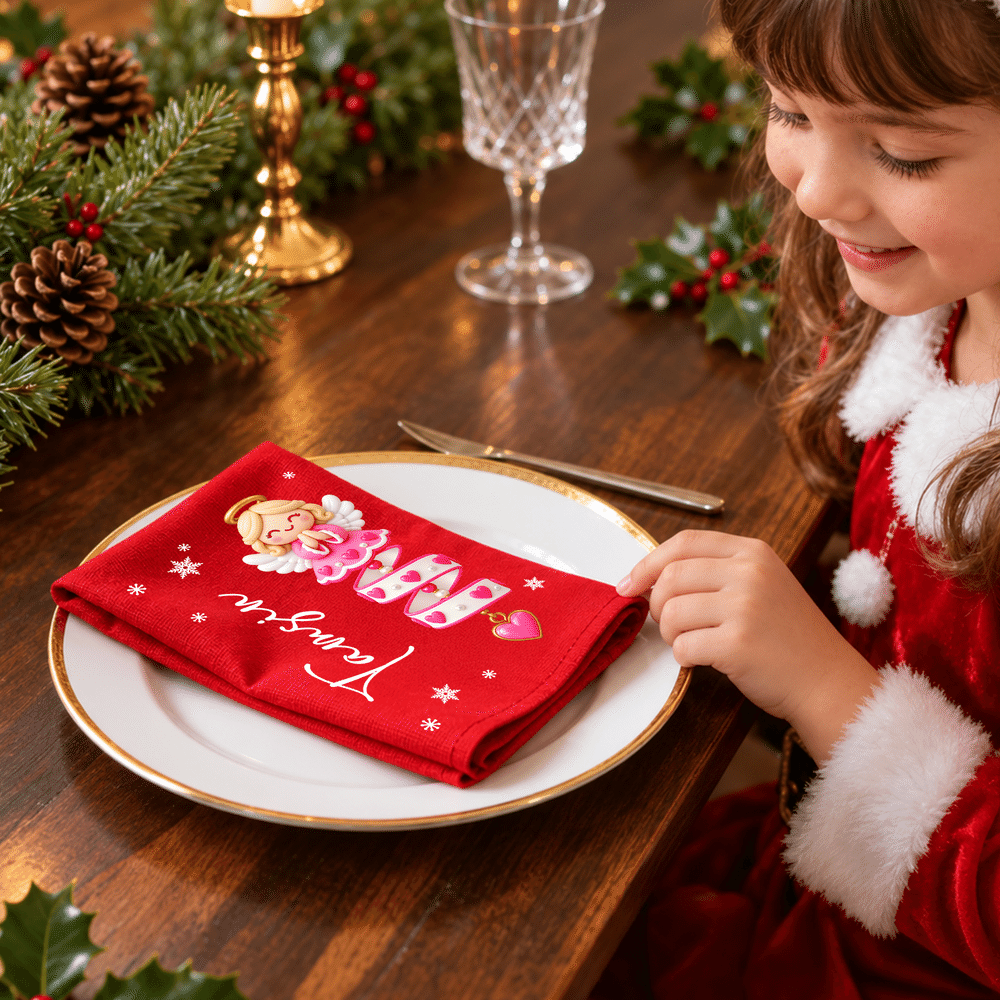 Personalized Cartoon Christmas Character 100% Cotton Red Napkin with Name Table Decor Christmas Party Gift for Kids Family 4