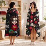 Personalized Cartoon Character Knitting Theme Hooded Blanket with Name Birthday Gift for Woman Mom Friend