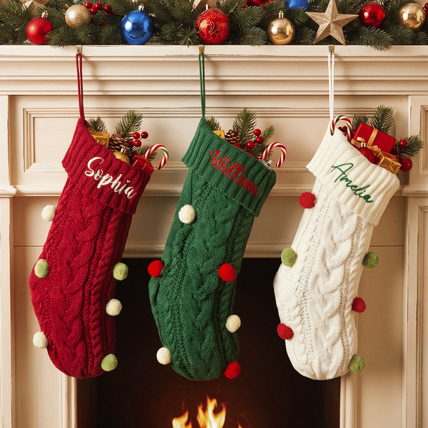 Personalised Embroidered Name Soft Cable Knit Pom Pom Christmas Stocking Holiday Tree Fireplace Decor Christmas Gift for Family Kids