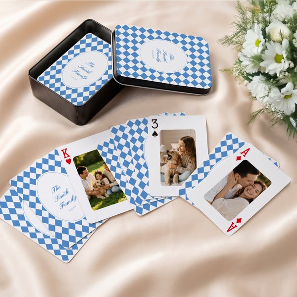 Personalized Argyle Checkerboard Photo Deck Playing Cards Iron Box Set with Date and Text Family Gathering Game Night Wedding Gift for Family Couple
