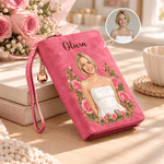 Personalized Birth Flower Aesthetic Photo PU Leather Tri-Fold Wallet with Wrist Strap and Name Daily Use Birthday Gift for Besties Friends Family