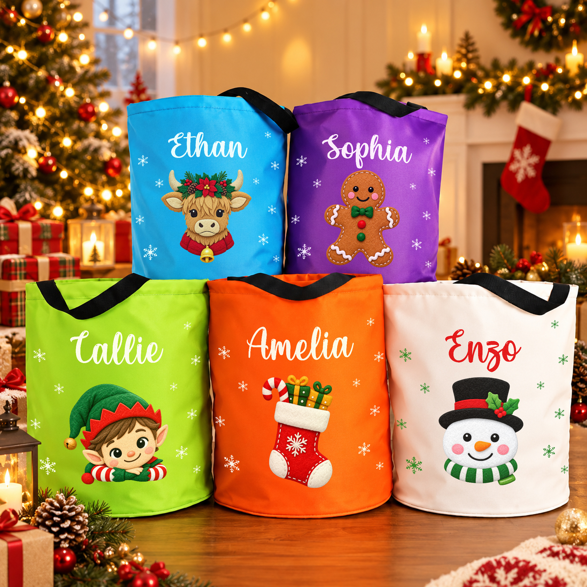 Personalisierter LED-Lichtekorb im Weihnachtsdesign mit Weihnachtsmann- und Lebkuchenmann-Motiv sowie dem Namen des Kindes – Weihnachtsgeschenk für Kinder