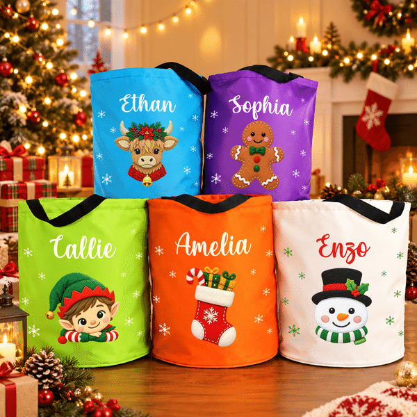 Personalised Christmas Theme Santa Claus Gingerbread Man LED Light Candy Bucket with Name Christmas Party Gift for Kids