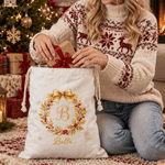 Personalized Christmas Highland Cow Holly Garland Large Capacity Canvas Drawstring Gift Bag with Name Christmas Gift for Highland Cow Lovers Family