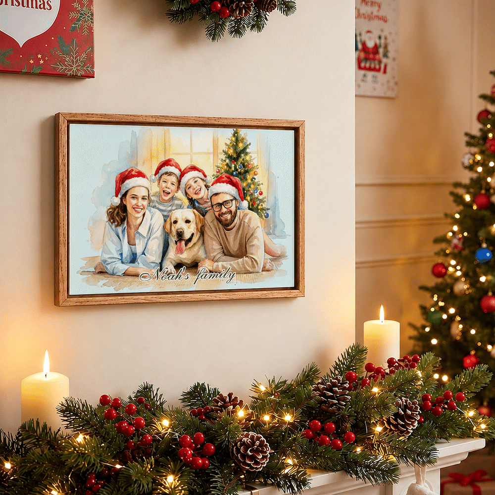Personalised Christmas Theme Watercolor Style Family Photo Canvas Prints with Text Home Decor Christmas Birthday Gift for Family 8