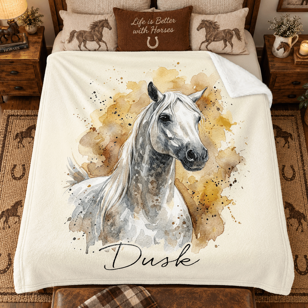 Personalized Watercolor Horse Portrait Photo Soft Throw Blanket with Text Birthday Christmas Gift for Horse Lovers 8