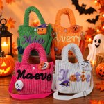 Gepersonaliseerde, griezelige handtas van corduroy met vleermuis, pompoen en spookmotief, ‘Trick-or-Treat’-opdruk en naam – Halloween-cadeau voor kinderen