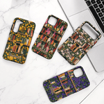 Gepersonaliseerde vintage geboortebloem-boekenplank-telefoonhoesje met twee lagen voor iPhone en Samsung, met naam – geschikt voor dagelijks gebruik, verjaardagscadeau voor boekenliefhebbers en vrouwen