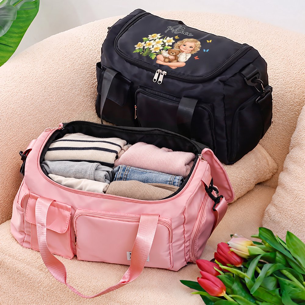 Borsa da viaggio personalizzata con fiore del mese di nascita, farfalla, foto e personaggio dei cartoni animati, grande e con scomparti multipli, con nome e tracolla – Regalo di compleanno per donne 4