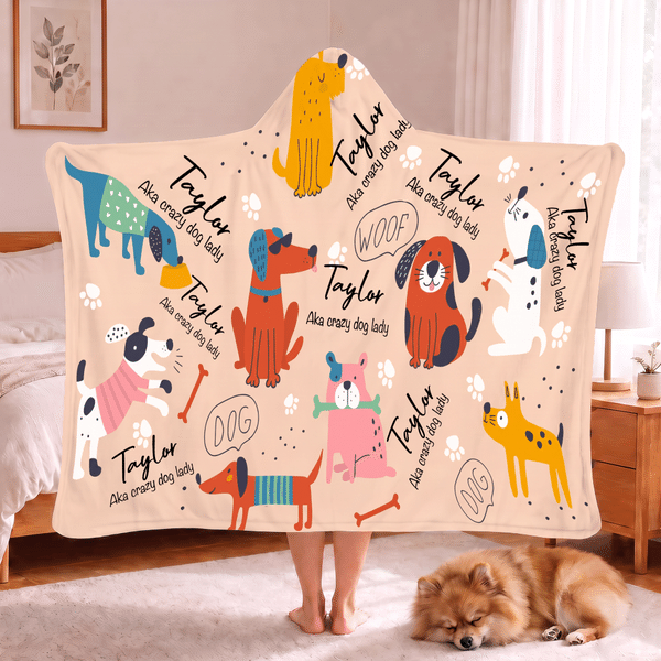 Personalised Cartoon Dog Cat Soft Hooded Blanket with Name Home Decor Birthday Christmas Gift for Boys Girls Cat Dog Lovers