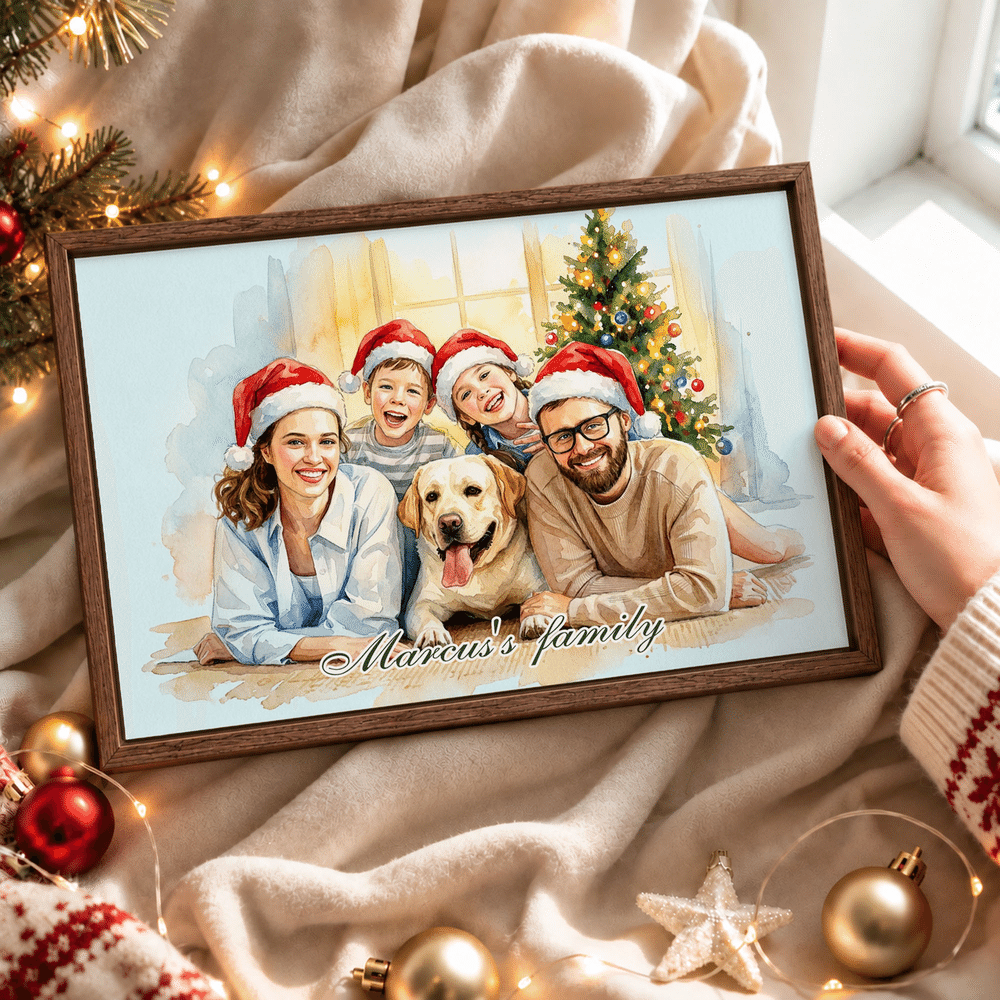 Personalised Christmas Theme Watercolor Style Family Photo Canvas Prints with Text Home Decor Christmas Birthday Gift for Family 7