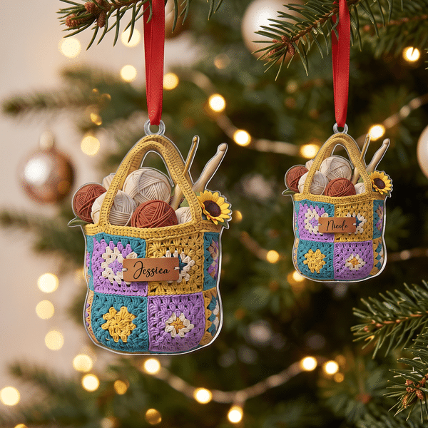 Personalized 3D-Effect Artwork Crochet Bag Wooden Acrylic Ornament with Name Home Decor Christmas Birthday Gift for Knitters Crochet Lovers