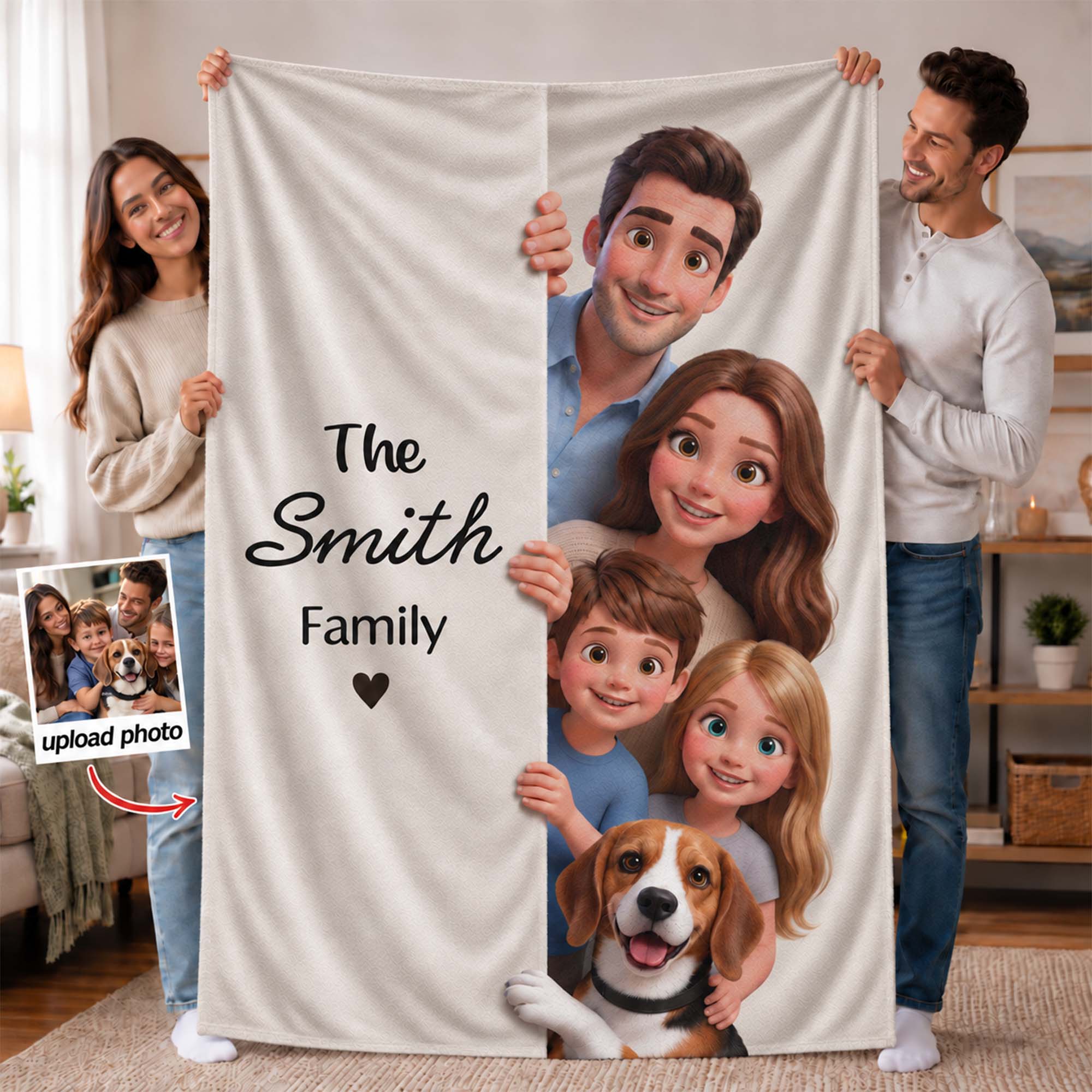 Personalized 3D-Effect Artwork Cartoon Peeking Character Photo Soft Throw Blanket with Text Home Decor Christmas Holiday Gift for Family Friends