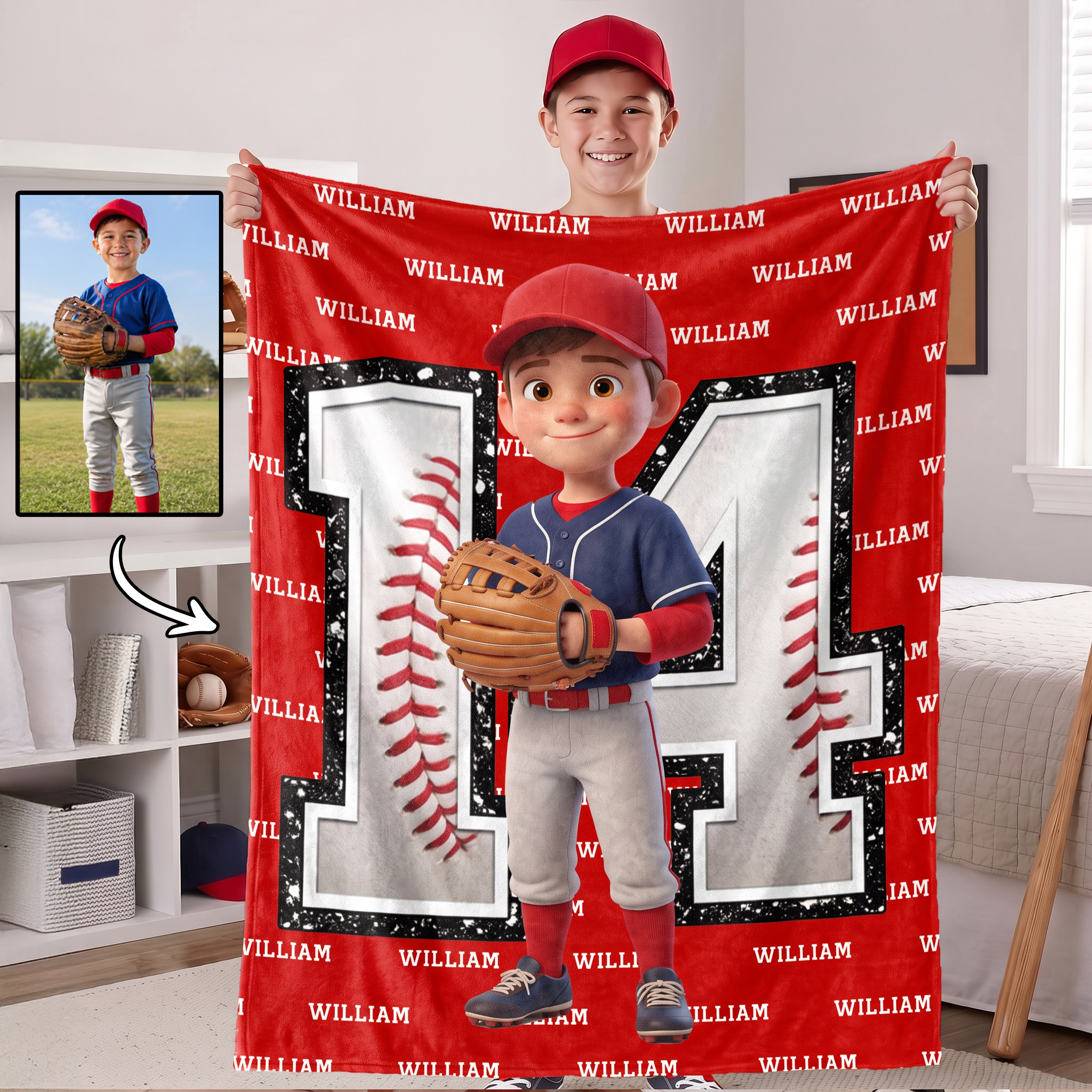 Personalized 3D-Effect Artwork Cartoon Character Photo Soft Throw Blanket with Name Home Decor Birthday Anniversary Gift for Sports Fans Athletes