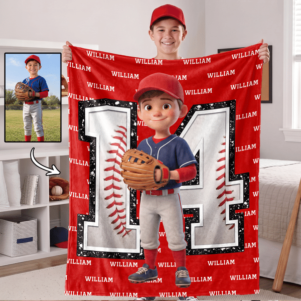 Personalized 3D-Effect Artwork Cartoon Character Photo Soft Throw Blanket with Name Home Decor Birthday Anniversary Gift for Sports Fans Athletes