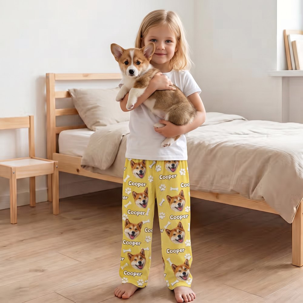 Gepersonaliseerde, zachte pyjamabroek met foto van het gezicht van een huisdier in de stijl van een olieverfschilderij met bot- en pootafdrukken – verjaardagscadeau voor liefhebbers van honden en katten 6
