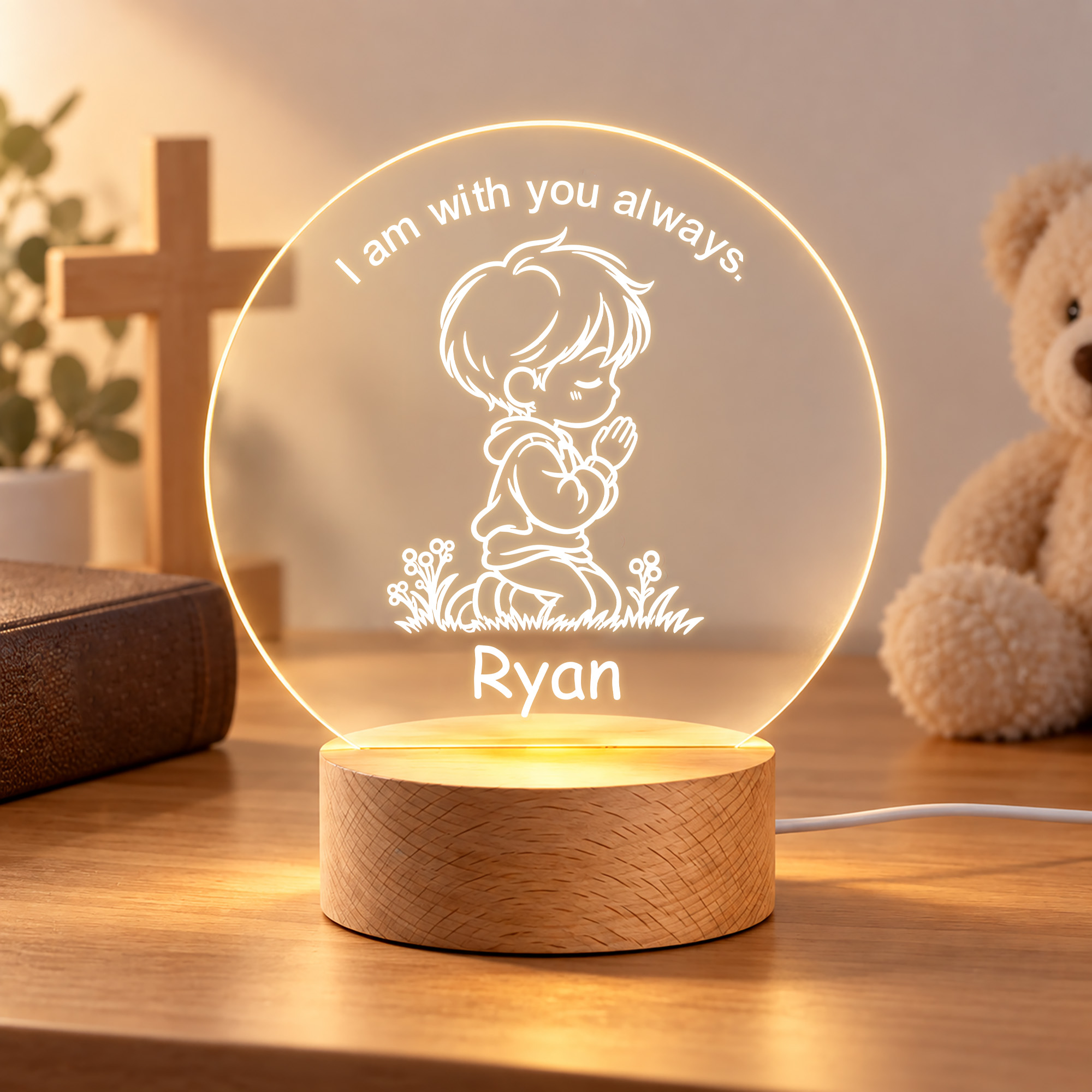 Personalized Religious Prayer Cross Bear Acrylic LED Night Light with Name Text and Wooden Base Bedroom Decor Baptism Holiday Gift for Boys Girls