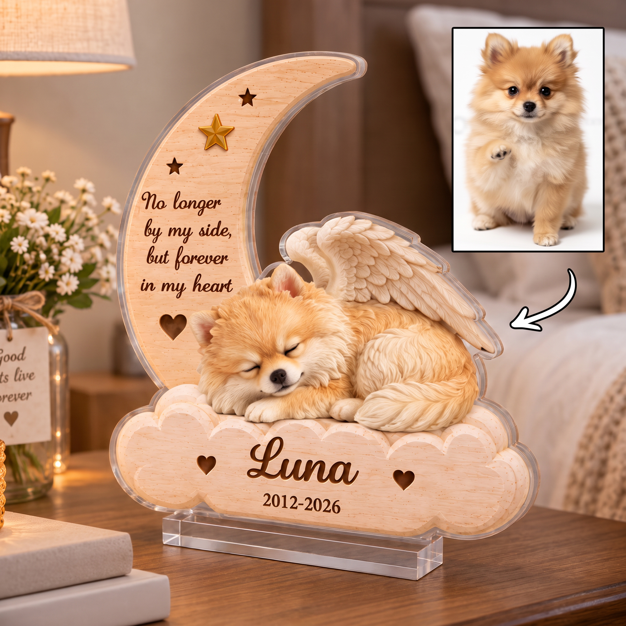 Personalized 3D-Style Artwork Angel Wing Pet Photo Moon Cloud Layered Acrylic Decoration with Name and Year Home Decor Sympathy Gift for Pet Owners