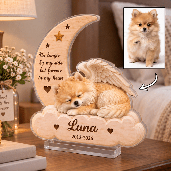 Personalized 3D-Style Artwork Angel Wing Pet Photo Moon Cloud Layered Acrylic Decoration with Name and Year Home Decor Sympathy Gift for Pet Owners