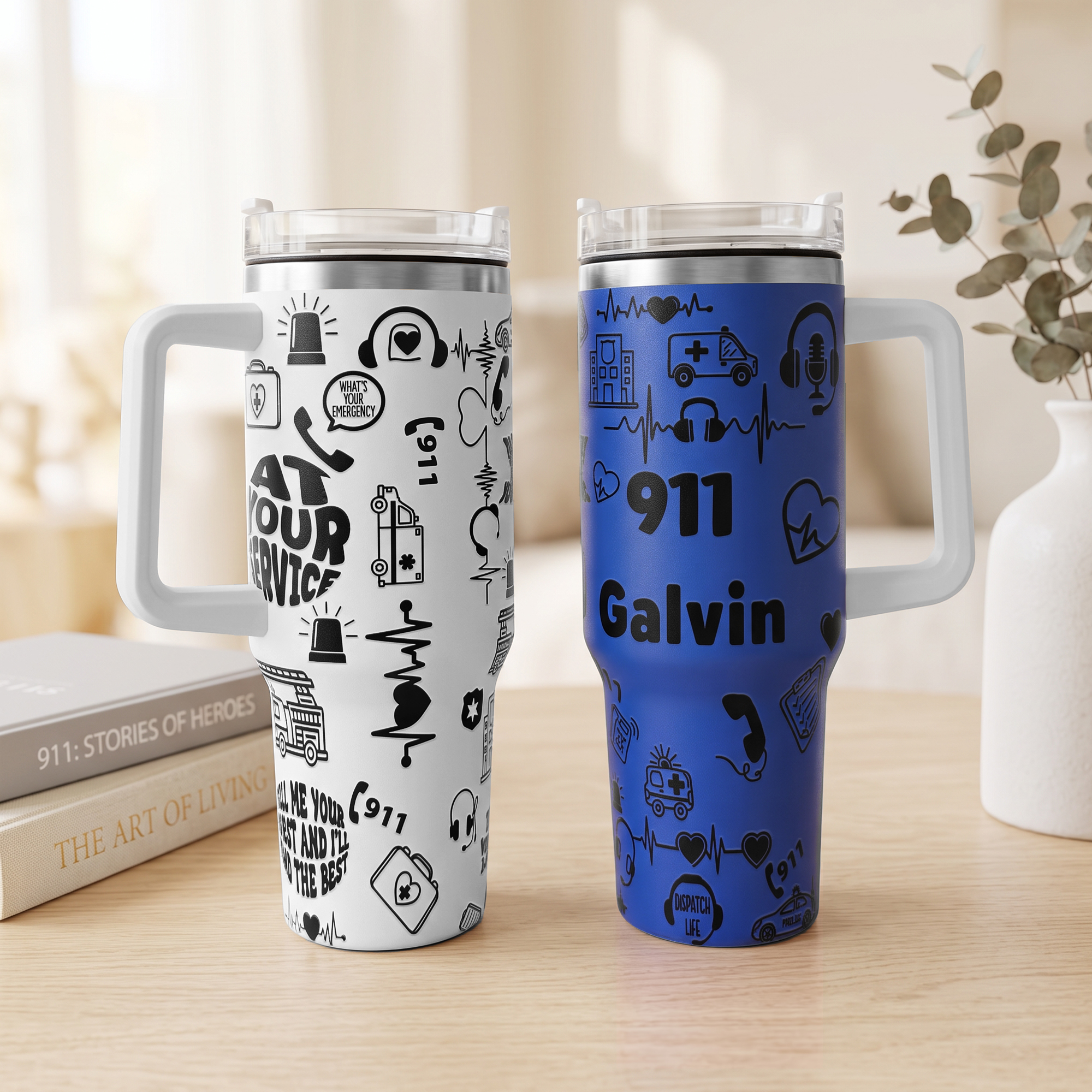 Personalisierter Notfall-Becher „Pattern“ – 20 oz Skinny Tumbler, 40 oz Tumbler mit Namen und Strohhalm – Ruhestands- und Geburtstagsgeschenk für einen 911-Dispatcher