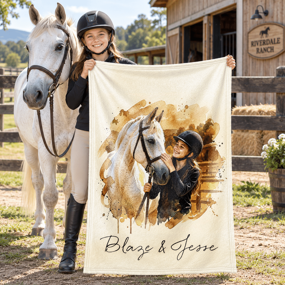 Personalized Watercolor Horse Portrait Photo Soft Throw Blanket with Text Birthday Christmas Gift for Horse Lovers 3