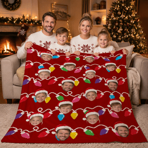 Personalized Pixel Style Colourful Lights Face Photo Soft Throw Blanket with Santa Hat Home Decor Christmas Birthday Gift for Family